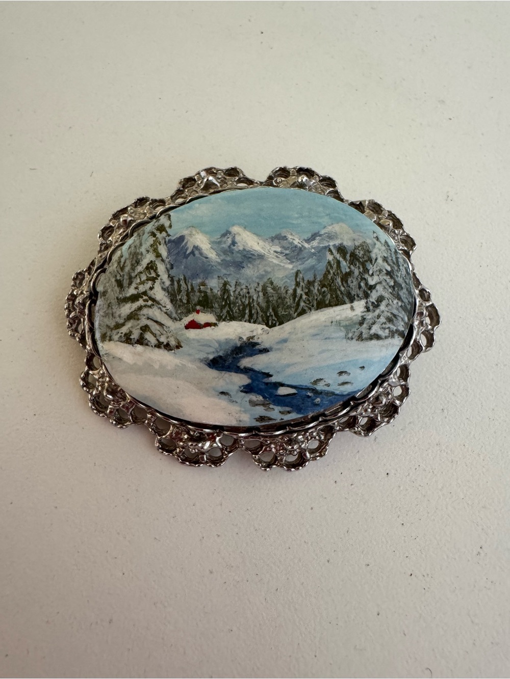Vintage Hand Painted Winter Mountain Scene Brooch Pendant